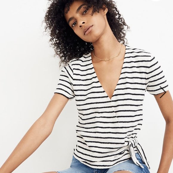 Madewell Texture And Thread Black Stripe Relaxed Wrap Short Sleeve Top Medium - Picture 1 of 6